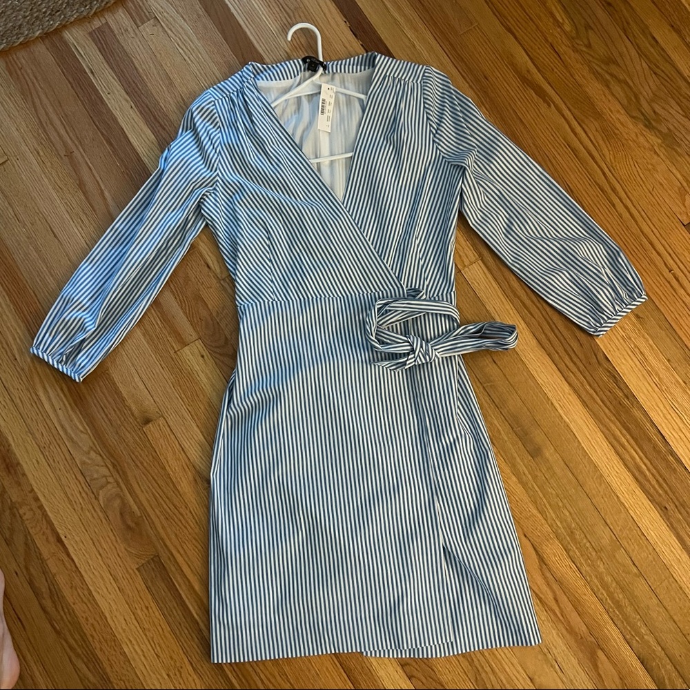 J crew wrap blue and white striped dress